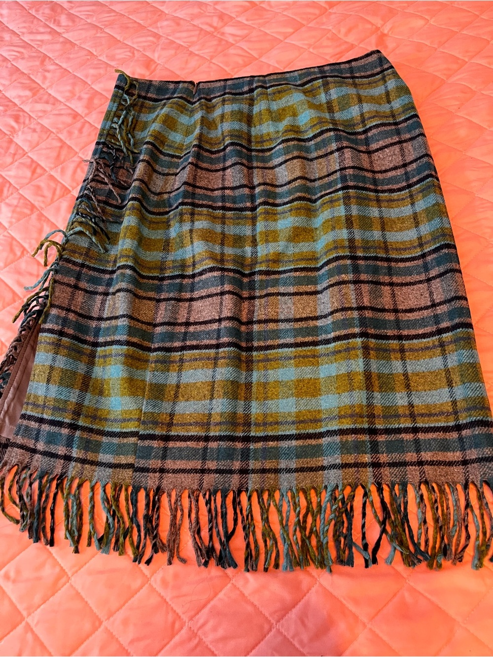J. Jill Plaid Fringe Wrap Skirt in Green and Blue